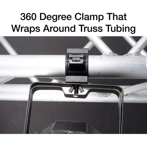 O-clamp 1.5-inch plastic wrap-around clamp attached to silver truss tube, black hardware