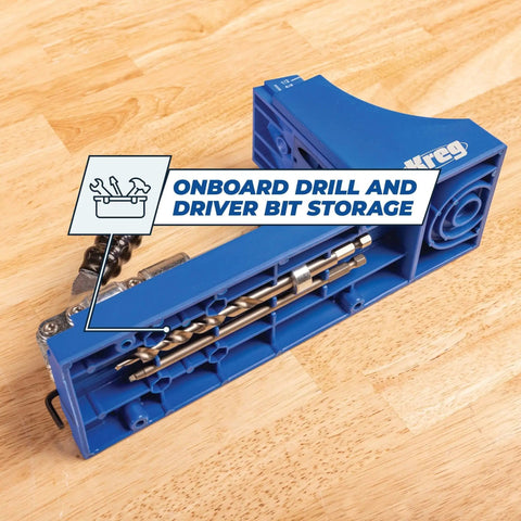 K4 Plus Pocket Hole Jig With Drilling Guide And Dust Collection featuring onboard drill and driver bit storage