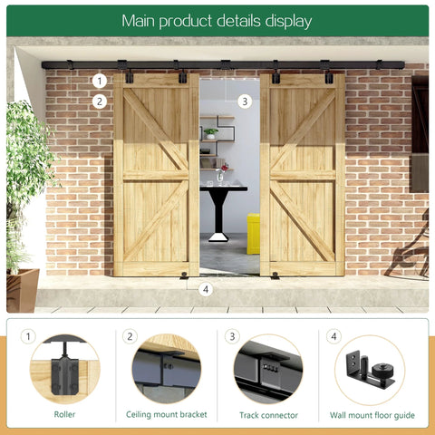 12 Foot Ceiling Mount Double Sliding Barn Door Hardware Kit For Exterior Use Beefy Box Track System Supports Up To 300 Pounds Fits Two 36 Inch Doors Hardware Only No Door Included Easy Install And Durable Steel Finish shown installed on brick exterior with wooden doors