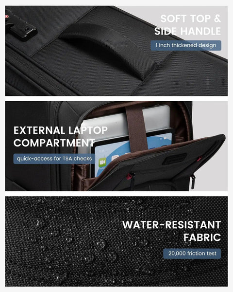 Lightweight Softside Carry On Luggage With 22x9x14 Inches Cabin Size showing soft handle, laptop pocket, water-resistant fabric