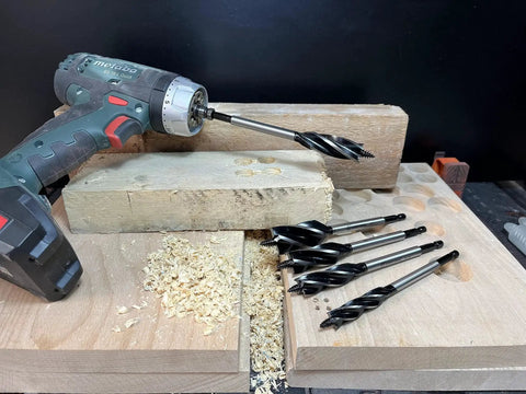 Auger Drill Bit Set For Wood 1/2 Inch 5/8 Inch 3/4 Inch And 1 Inch 6.5 Inch Long Quick Change Hex Shank 5-Piece with drill on wood