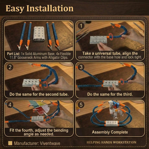 Easy installation guide for Four Arm Handy Helping Hands Pro Grade With Eleven Point Eight Inch Extended Gooseneck And Three Sixty Degree Rotating Alligator Clamps Third Hand PCB Holder