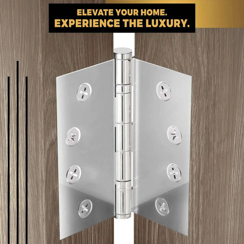 Solid Brass Chrome Door Hinge Heavy Duty Ball Bearing For Slammin Doors 4.5 By 4.5 Inch installed on wooden door