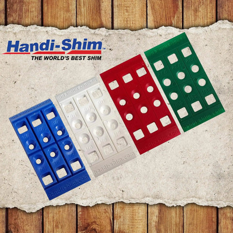 Heavy Duty Reusable Plastic Construction Shims For Spacing And Leveling, 40 Piece Assorted Pack In Four Sizes One Thirty Second Inch One Sixteenth Inch One Eighth Inch One Quarter Inch Ideal For Deep Applications Handi Shim, showing blue, white, red, green sections on textured background.