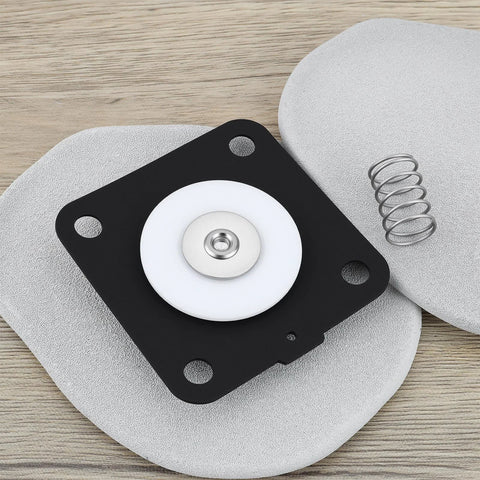 Replacement diaphragm repair kit for Goyen pulse valve, white diaphragm with metal insert on black mounting plate and coil spring.