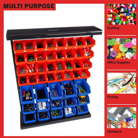 47 Bin Garage Organizer Rack With 15 Large And 32 Small Bins, Tabletop Or Wall Mount Steel Storage for Small Parts and Office Supplies