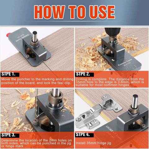 Installation steps for All Metal Concealed Hinge Jig With 35Mm Drilling Hole Template Quick Clamp on wood surface
