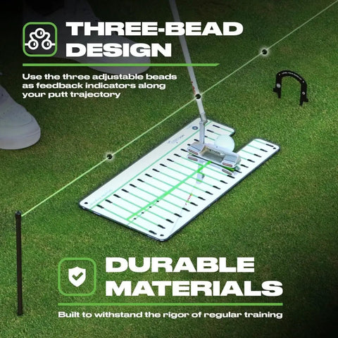 Pro Grade Triple Bead Golf Putting Alignment String Line Neon Green Visual Guide Putter on green practice mat.