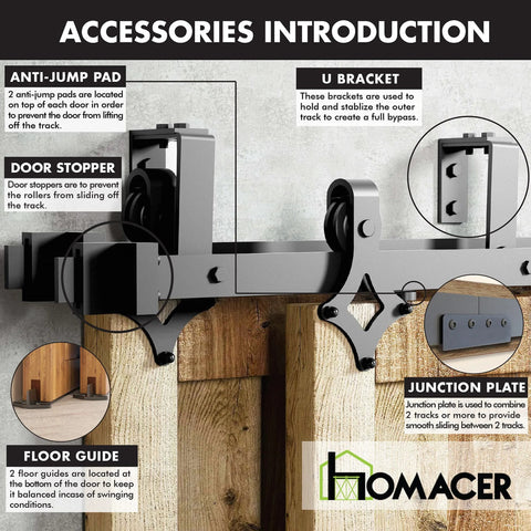 Rustic Black Double Track U Shape Bypass Sliding Barn Door Hardware Kit For Four Doors with accessories shown