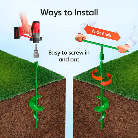 Installation guide for 18 Inch Heavy Duty Ground Anchors Kit Four Pack Green showing drill use and manual turn for spiral augers.