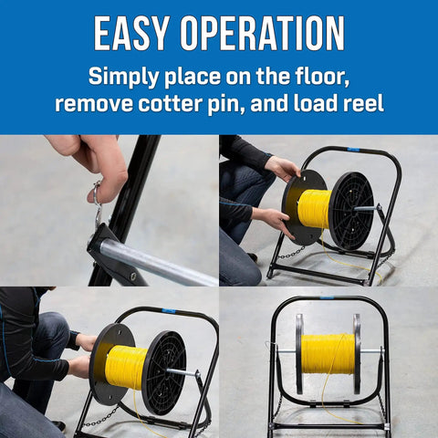 Beefy Steel Cable Caddy for reels up to 20 inches in diameter and 100 lb capacity with a stable two-leg design being loaded with cable