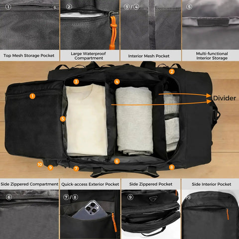 Interior compartments of Three Wheel Rolling Duffle Bag With Expandable 110 Liter To 120 Liter Capacity Waterproof Soft Carry On Luggage.