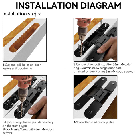 Installation steps for Sleek Hidden Door Hinges Pair 180 Degree Swing Zinc Alloy Concealed Hinge Kit, showing drilling and assembly.