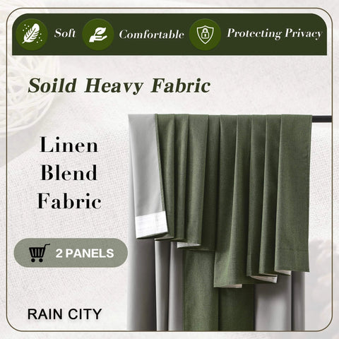 Extra Wide Linen Blackout Curtains With Hooks For Track System Sliding Doors, 2 Panels, Back Tab Pleated Drapes in Green