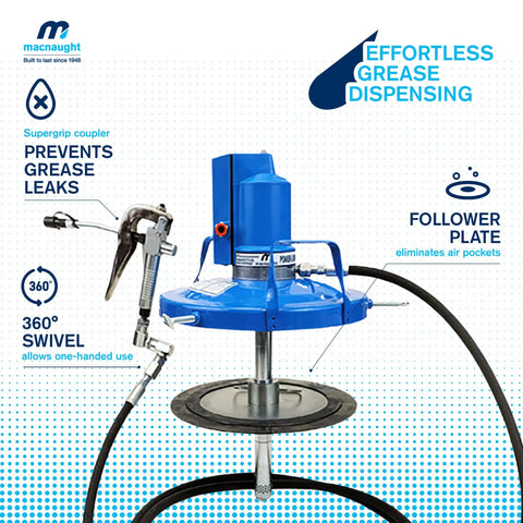 Macnaught Legendary P3TR 50:1 air-operated grease pump for 5 gal/35 lb containers with booster gun, hose and trolley.