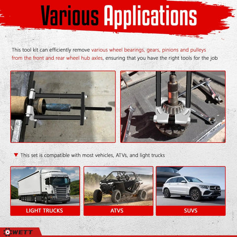 Visual showing various applications of Bearing Puller And Splitter Set 14-Piece Heavy Duty Kit with 5 Ton Capacity for wheel removal
