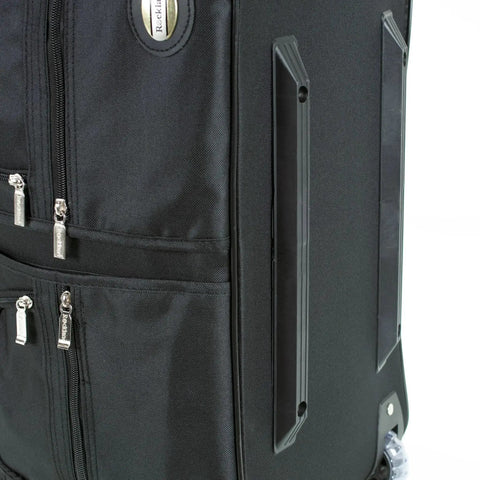 Side view of sleek black 22 inch rolling duffel bag with extra large wheels, four front pockets, and heavy duty zipper by Rockland.
