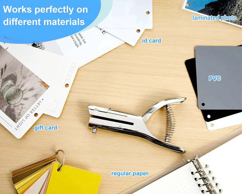Heavy Duty One Quarter Inch Single Hole Punch for crafts and office use, shown with paper, ID cards, PVC, and foil samples