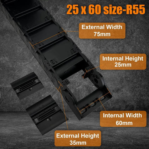 Enclosed Drag Chain Cable Carrier System For 3D Printers CNC Machines And Robotics, 25 By 60 Mm Inner Height And Width, close-up view