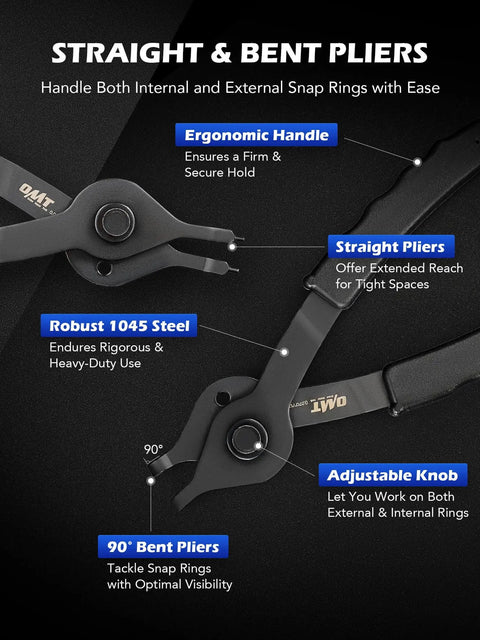 Close-up of straight and bent pliers from 10 Piece Snap Ring Pliers Set For Internal And External Circlips With Bent And Straight Pliers Hook Pick Pro Grade Heavy Duty Circlip Removal Tool With Storage Case And Gloves, showing ergonomic handle.