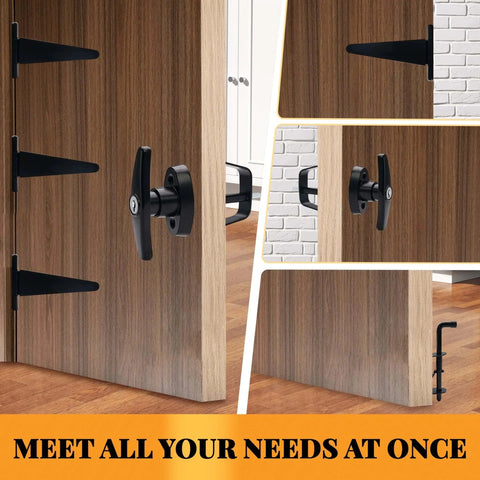 Heavy Duty Shed Door Hardware Kit With 5.5 Inch T Handle Lock, Six 6 Inch T Hinges, Two Shed Door Latches in use on wooden door