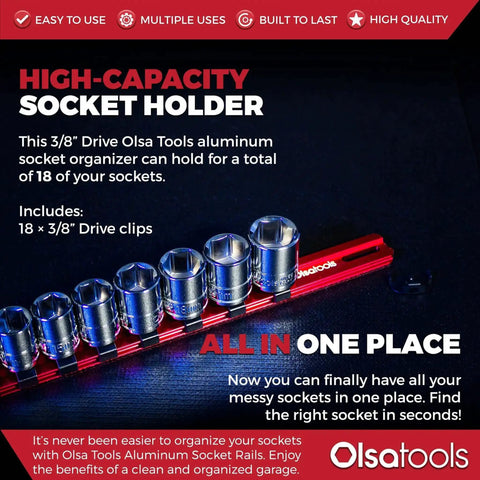 Three Eighths Inch Drive Aluminum Socket Organizer With Locking End Caps Beefy Ball Bearing Clips Pro Grade Heavy Duty Socket Holder Rack Durable Red Storage Tray For Mechanics Keeps Sockets Handy And Organized Part 1171 on display