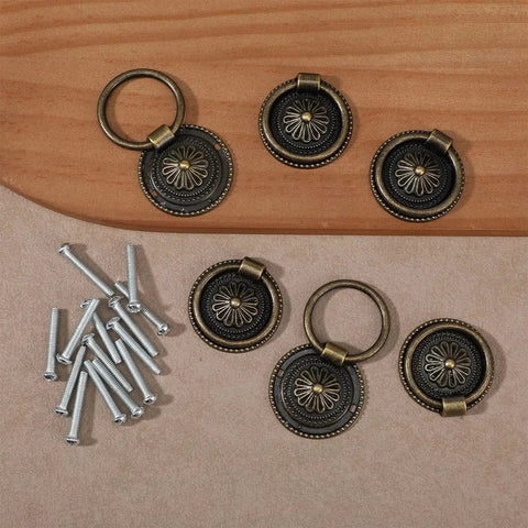Antique Brass Dresser Knobs and Cabinet Pulls Set of 6 with Screws, Vintage Single Hole Handles for Furniture