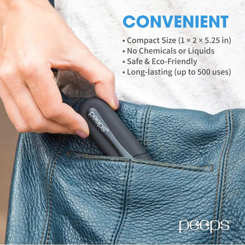 Person placing Peeps Eyeglass Lens Cleaner Carbon Microfiber NASA Safe Dry Clean in blue pocket.