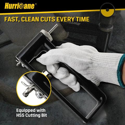 Hand holding adjustable hole cutter for 2-12 inch circles on sheet metal with HSS cutting bit, for HVAC ductwork and roofing.