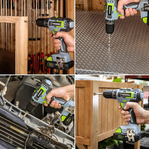 Four views of 20V Cordless Drill Driver Set With 157 Piece Home Tool Kit Including Drill Bits Sockets And Screwdrivers in use