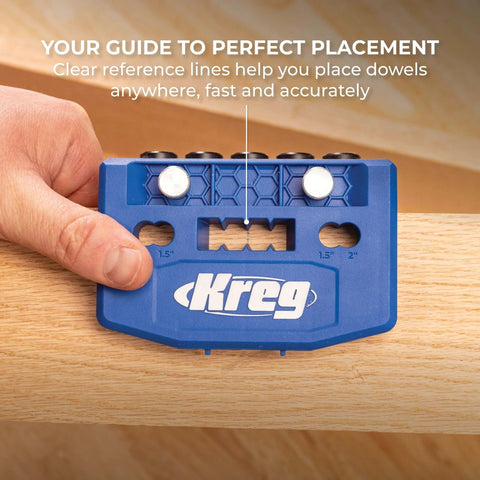 Doweling Jig Kit With Removable Drill Guides For Cabinets And Benchtop Projects shown in use on wood surface