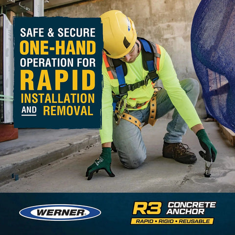 Worker using R3 Concrete Anchor A510300 Reusable Secure Anchoring System With Push To Stop One Hand Install