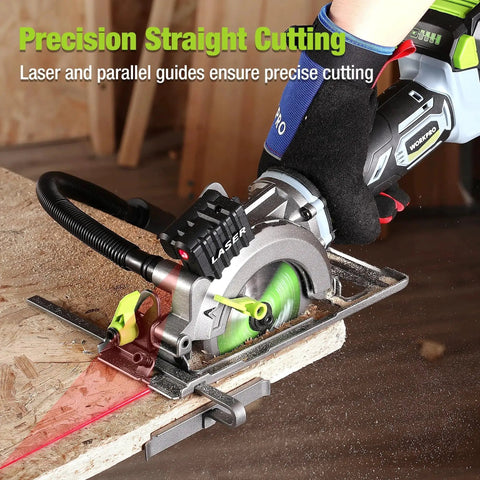 Powerful 20V Cordless Mini Circular Saw With Laser Guide cutting wood with parallel guides visible