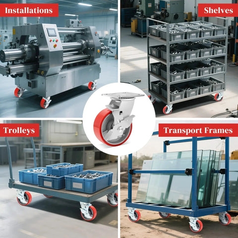 5 Inch Industrial Casters With Low Noise Polyurethane Wheels On Steel Hubs Swivel Plate Caster Wheels Heavy Duty Each Up To 1000 Lbs on various trolleys and shelves in industrial settings