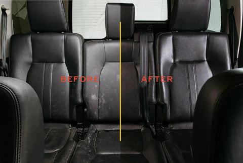 Leather Conditioner For All Leather Items 8oz Non Toxic Made In USA used on car seat before and after application.
