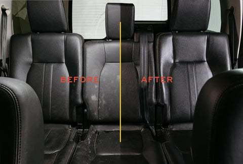 Premium Leather Conditioner That Restores All Leather Items From Auto To Furniture And Shoes Purses And Tack Non Toxic Made In USA 8 Fl Oz Leather Honey applied to car seats, showing before and after comparison.