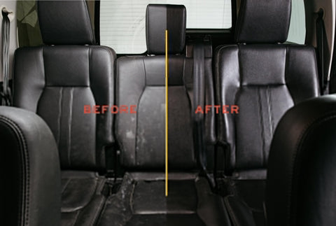 Before and after showing leather car seats cleaned with Premium Leather Cleaner For Auto Interiors And Furniture Shoes Bags And Apparel From Leather Honey Brand Non Toxic Fragrance Free Formula EPA Safer Choice 8 Oz Safe For All Leather Types Car Interiors.