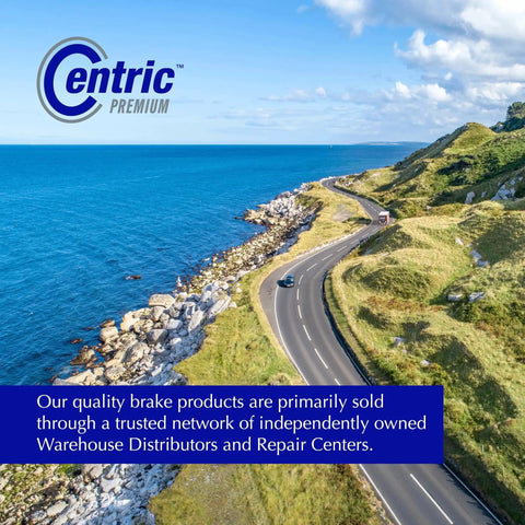 Centric Premium automotive rear brake drum logo on scenic coastal road background with blue promotional banner