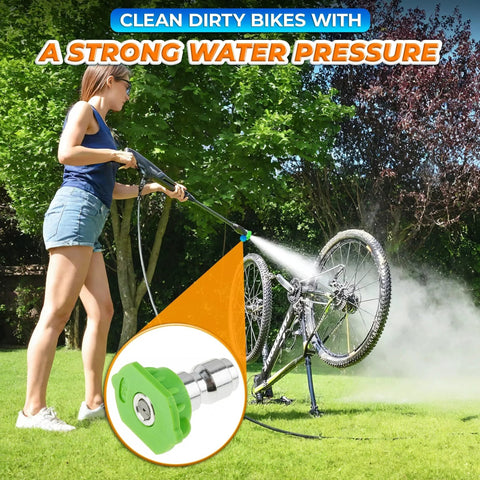 Woman using a pressure washer with Five Piece Pressure Washer Nozzle Tip Set With One Quarter Inch Quick Connect on bicycle in garden