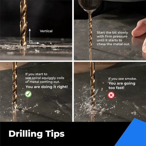 Drilling tips showing titanium coated drill bit 60 piece set in use on metal with focus on correct speed and pressure technique.