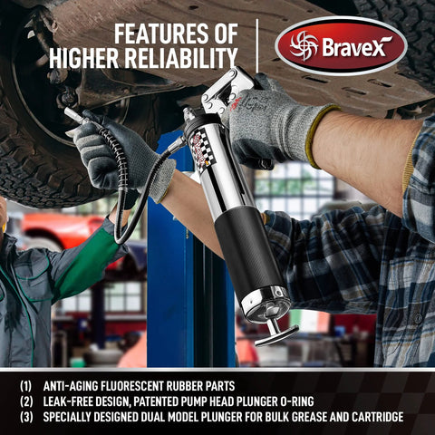 Bravex heavy-duty pistol-grip grease gun with chrome body, black grip, and 18-inch flex hose