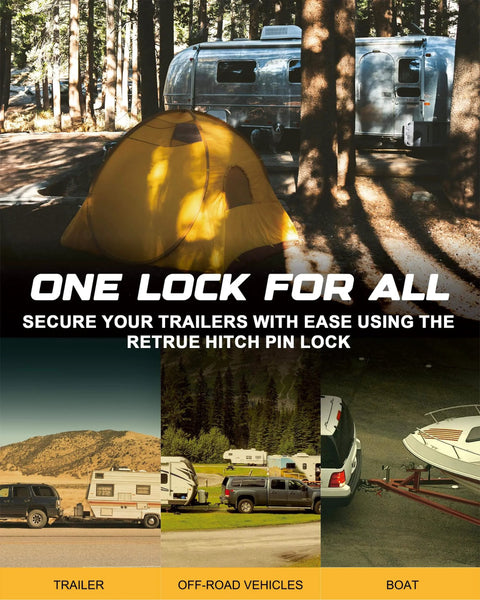 Image showing trailers, off-road vehicles, and boats secured with Trailer Hitch Lock Pin 5/8 Inch For 2 Inch And 2.5 Inch Receivers.