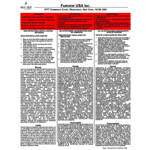 Product installation instructions for Compact Second Stage Low Pressure Propane Regulator With One Half Inch Inlet And Three Quarter Inch Outlet, Model GR-92812C Fairview.