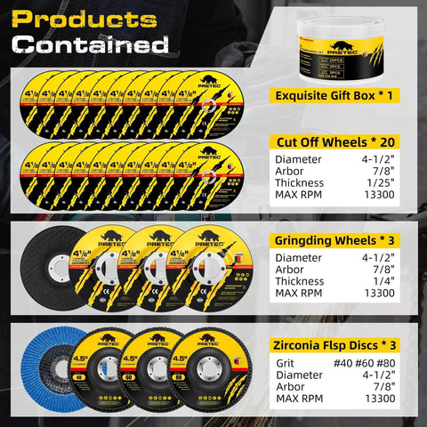 All In One Pro Grade 26 Piece Angle Grinder Disc Set With 20 4.5 Inch Cut Off Wheels, 3 Packs Of 4.5 X 7/8 Inch 60 Grit Flap Discs