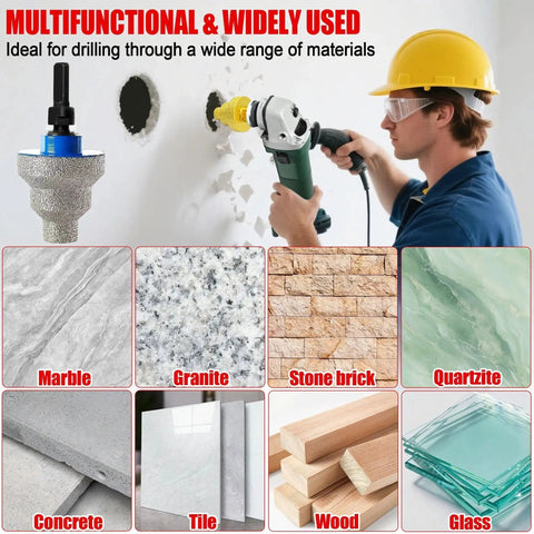 Three In One Diamond Core Drill Bit With M10 Adapter 20mm 35mm 50mm Step Drill For Ceramic Tile Marble Granite Concrete And Wood Hole Saw Kit with Bevel Chamfer Bits in use on wall.