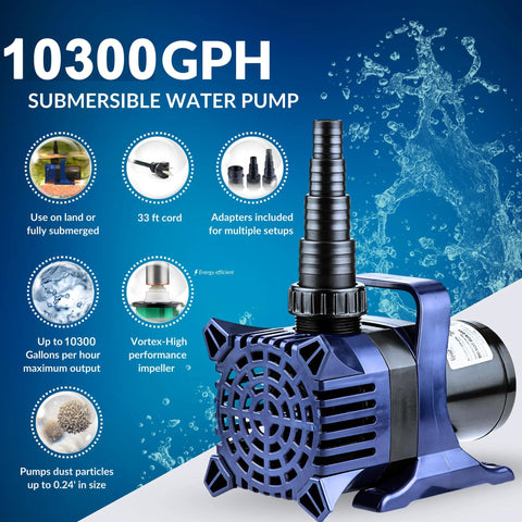Alpine 10300 GPH submersible pond pump with 33 ft cord and adapters, blue outdoor lawn patio pump