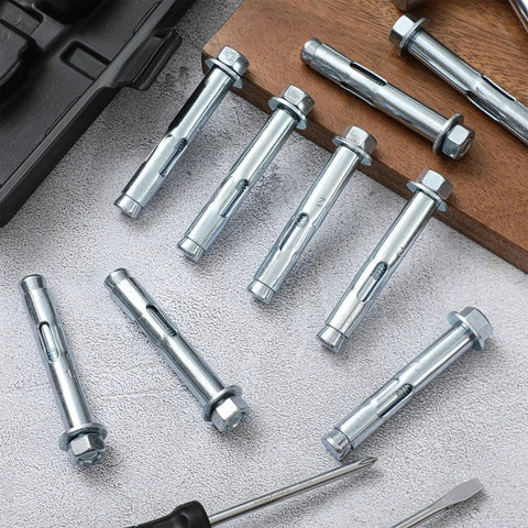 20 Pack 1/2 X 3-Inch Sleeve Anchors for Concrete, masonry and brick with hex head, zinc plated, heavy duty bolts on table