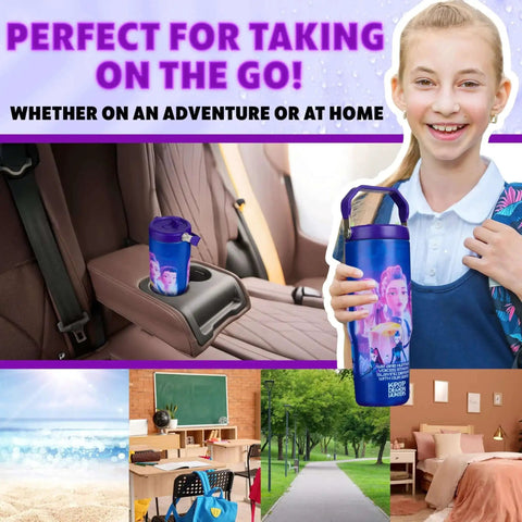 Girl holding Demon Hunters 30 Ounce Tumbler with Straw and Handle, insulated stainless steel travel mug, in car showcased for versatility.