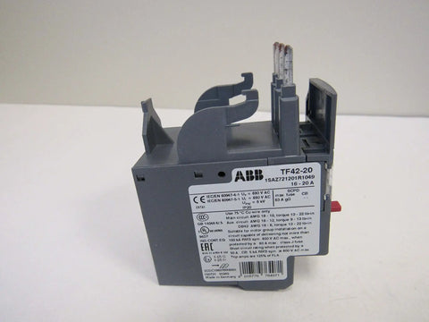 Single TF42-20 Thermal Overload Relay 16-20 A for 3-Phase Motors, IEC Motor Protection, side view with label