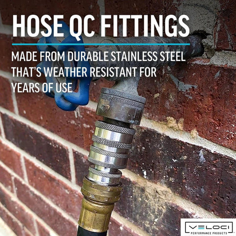 4 Piece Garden Hose Pressure Washer Adapter Kit With Three Quarter Inch Quick Connect Fittings MTM Hydro Stainless Steel High Pressure Couplings And Connectors For Easy Hose Swaps installed on outdoor tap